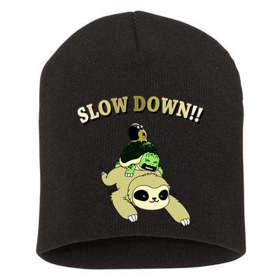 Too Fast Turtle Riding Sloth Short Acrylic Beanie