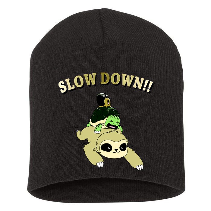 Too Fast Turtle Riding Sloth Short Acrylic Beanie