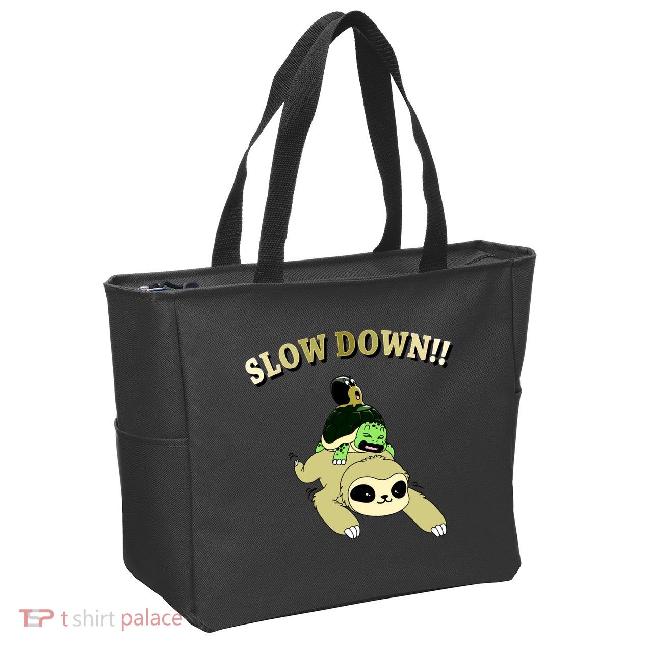 Too Fast Turtle Riding Sloth Zip Tote Bag