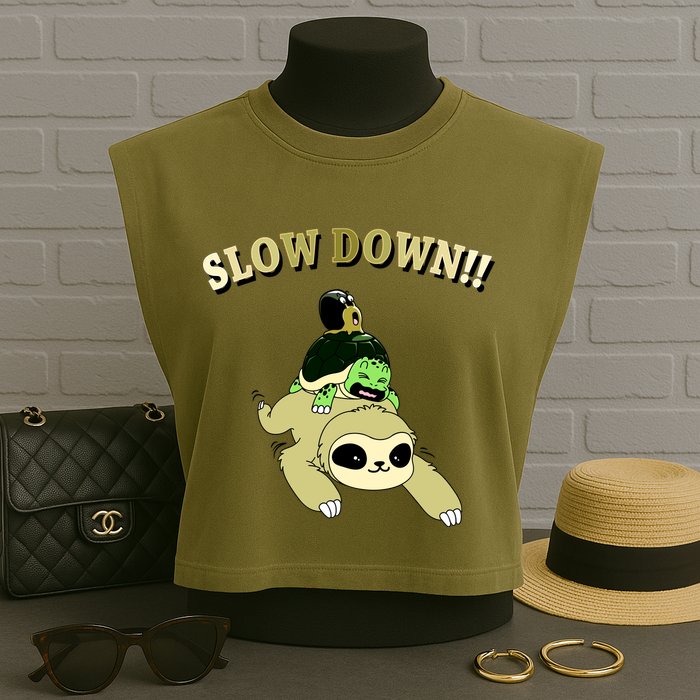 Too Fast Turtle Riding Sloth Garment-Dyed Women's Muscle Tee