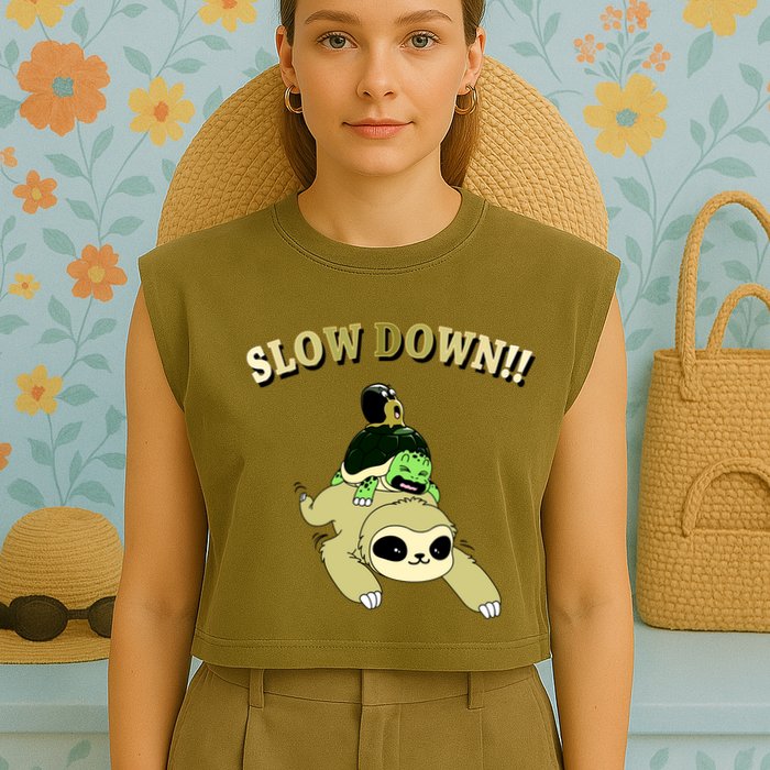 Too Fast Turtle Riding Sloth Garment-Dyed Women's Muscle Tee