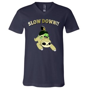 Too Fast Turtle Riding Sloth V-Neck T-Shirt