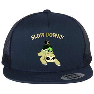 Too Fast Turtle Riding Sloth Flat Bill Trucker Hat