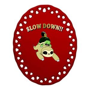 Too Fast Turtle Riding Sloth Ceramic Oval Ornament