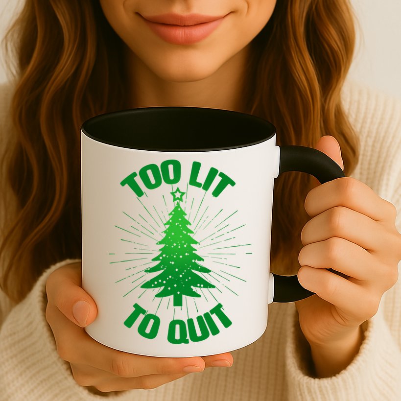 Too Lit Too Quit Funny Christmas Tree Mug