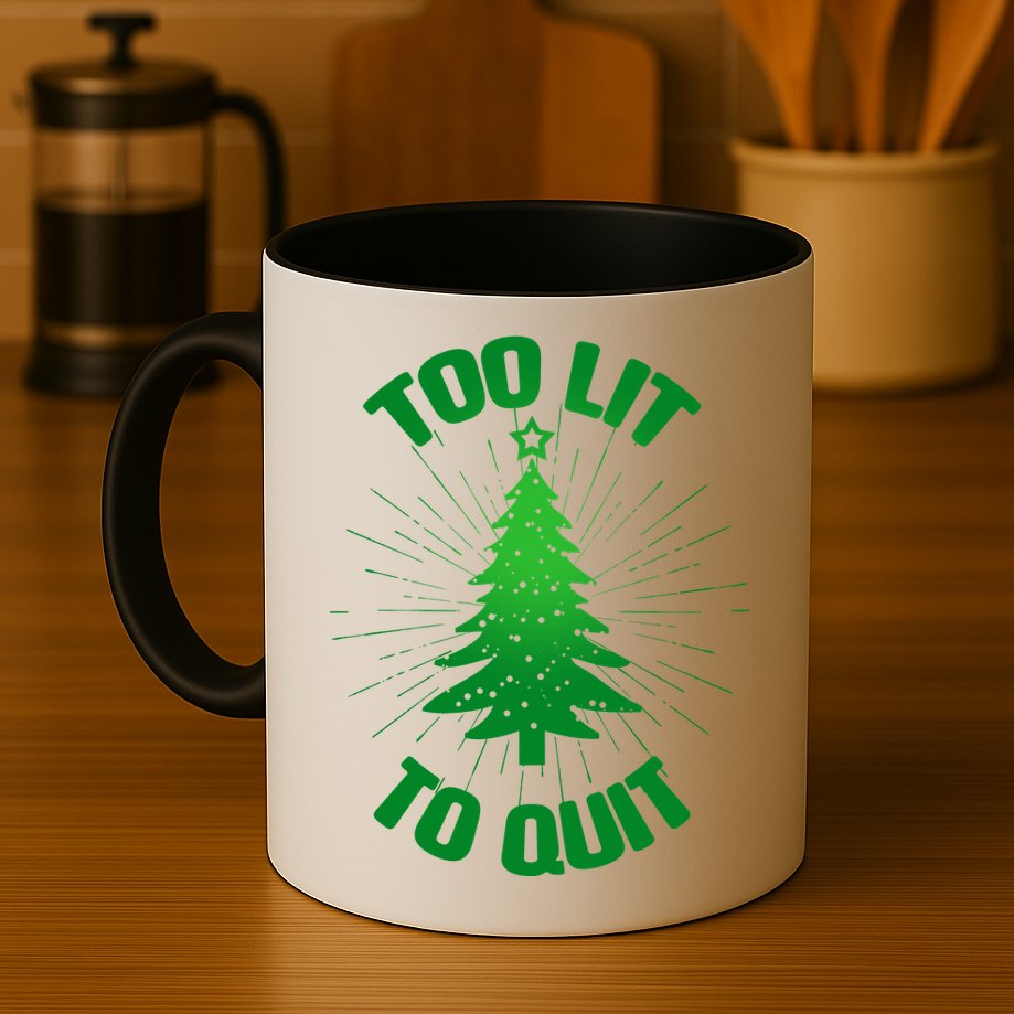 Too Lit Too Quit Funny Christmas Tree Mug