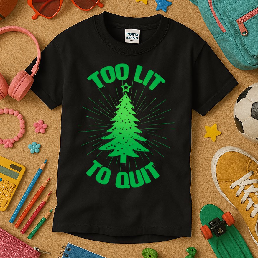 Too Lit Too Quit Funny Christmas Tree Kids T-Shirt