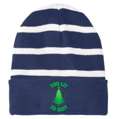 Too Lit Too Quit Funny Christmas Tree Striped Beanie with Solid Band