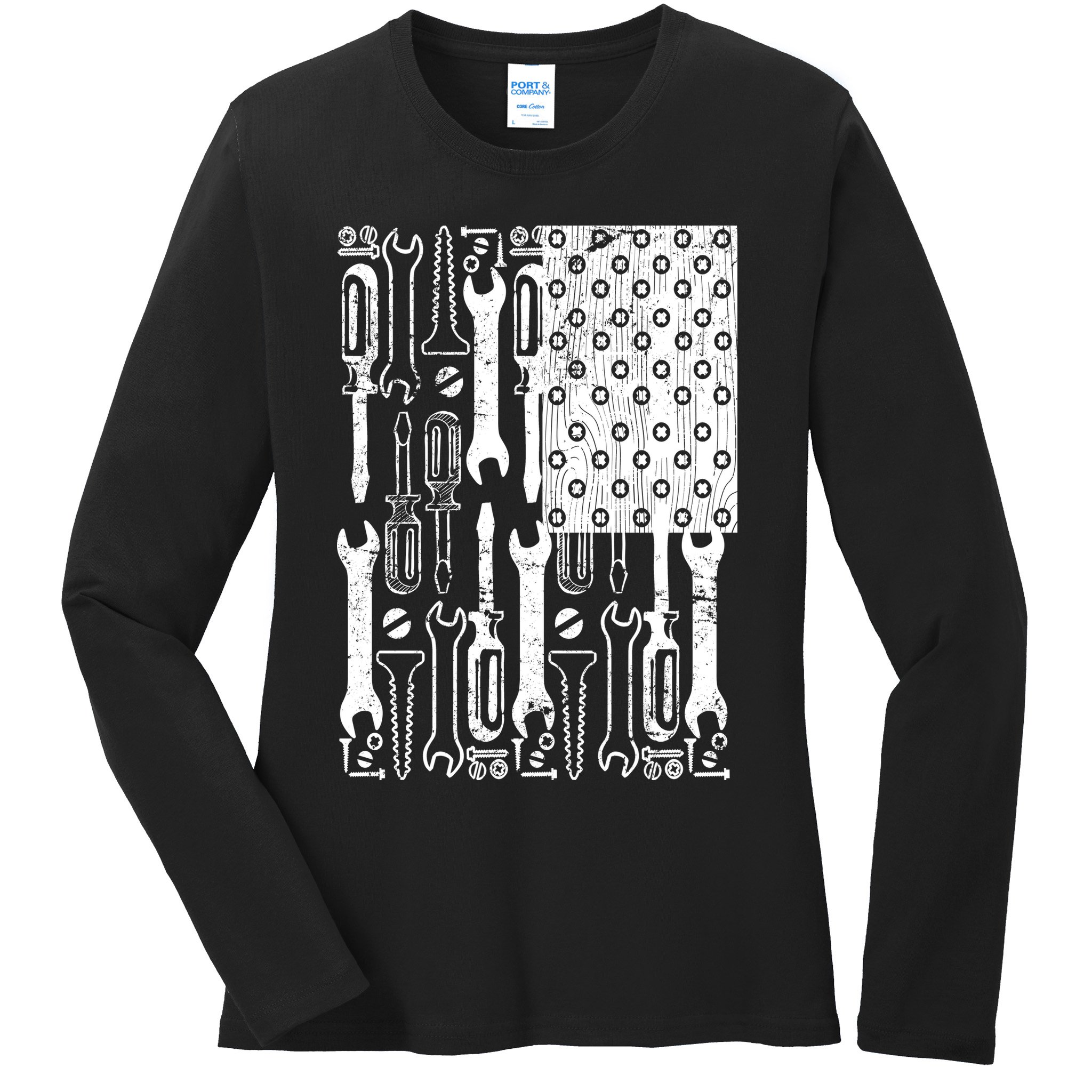 Tool American flag Mechanic Ladies Long Sleeve Shirt