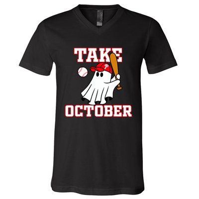 Take October Philadelphia Ghost Baseball Halloween V-Neck T-Shirt