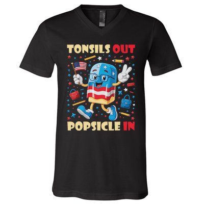 Tonsils Out Popsicles In Patriotic Usa Flag 4th Of July V-Neck T-Shirt