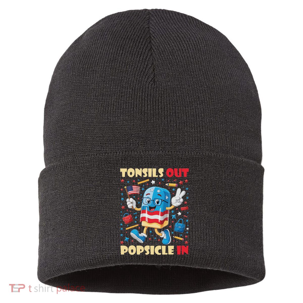 Tonsils Out Popsicles In Patriotic Usa Flag 4th Of July Sustainable Knit Beanie