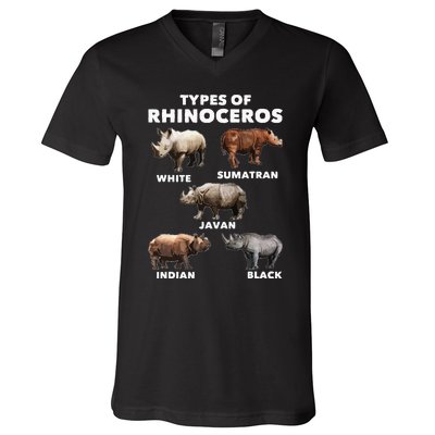 Types Of Rhinoceros Rhino Safari Lover Zookeeper Zoologist V-Neck T-Shirt