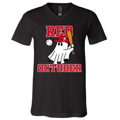 Take October Red October Philadelphia Ghost Baseball Halloween V-Neck T-Shirt