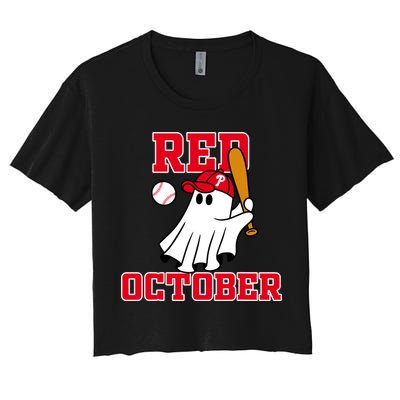 Take October Red October Philadelphia Ghost Baseball Halloween Women's Crop Top Tee