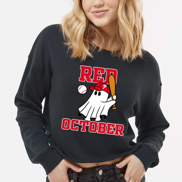 Take October Red October Philadelphia Ghost Baseball Halloween Cropped Pullover Crew