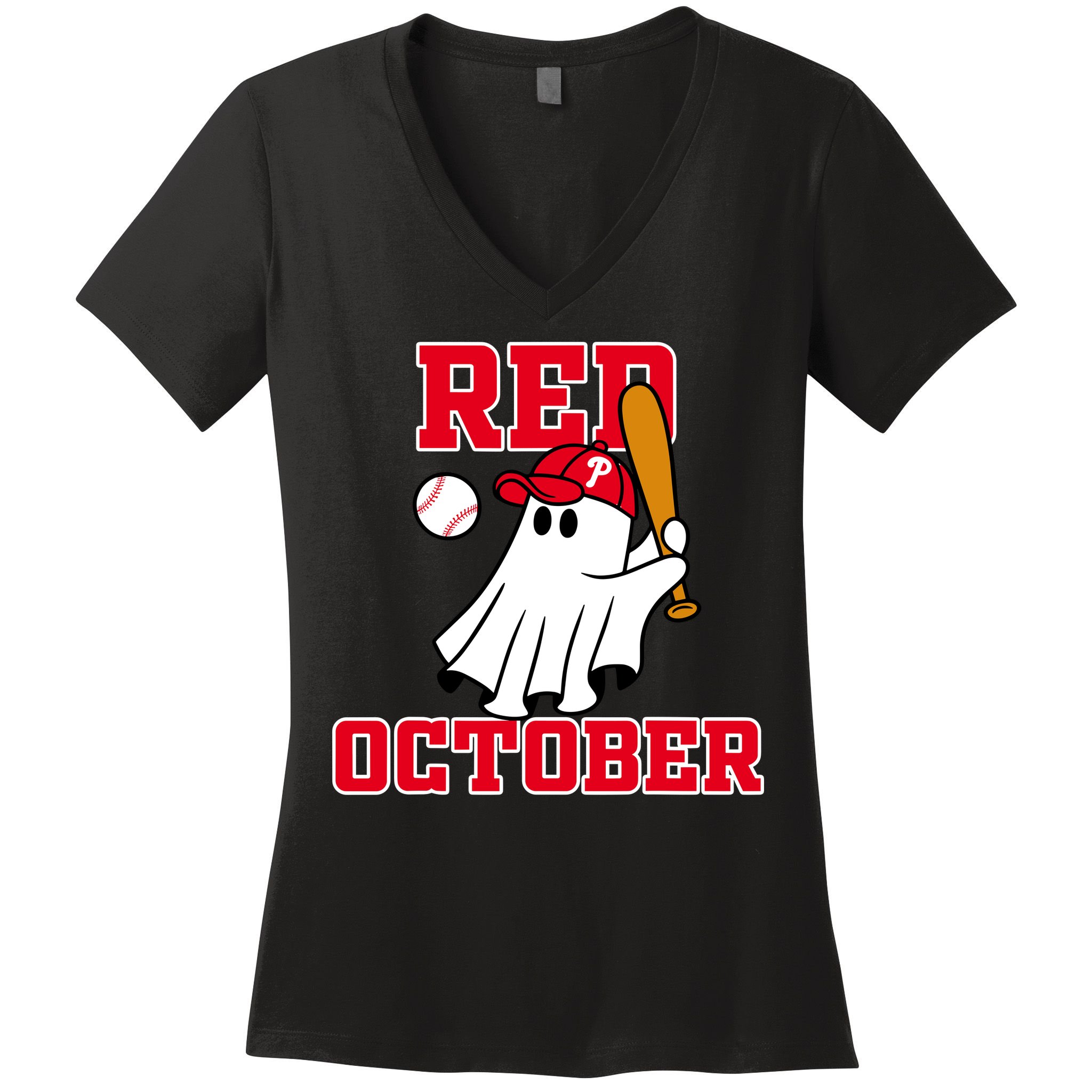 Take October Red October Philadelphia Ghost Baseball Halloween Women's V-Neck T-Shirt