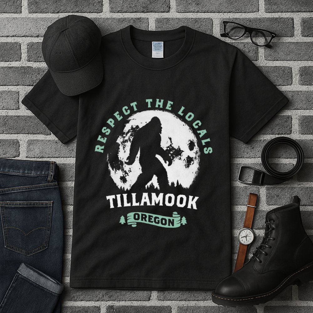 Tillamook Oregon Respect The Locals Sasquatch Moon Bigfoot Tall T-Shirt