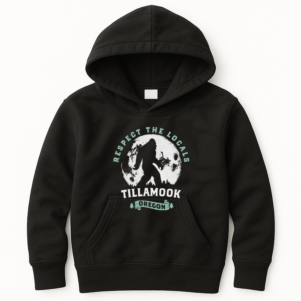 Tillamook Oregon Respect The Locals Sasquatch Moon Bigfoot Kids Hoodie