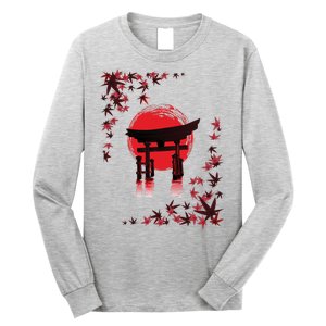 Torii Arch Sunset Maple Leaves Red Sun Long Sleeve Shirt