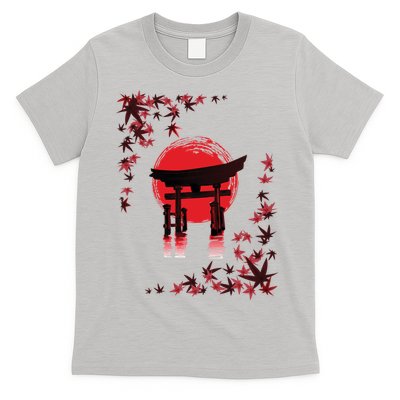 Torii Arch Sunset Maple Leaves Red Sun T-Shirt