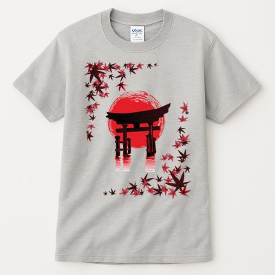 Torii Arch Sunset Maple Leaves Red Sun Tall T-Shirt