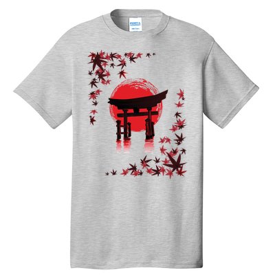 Torii Arch Sunset Maple Leaves Red Sun Tall T-Shirt