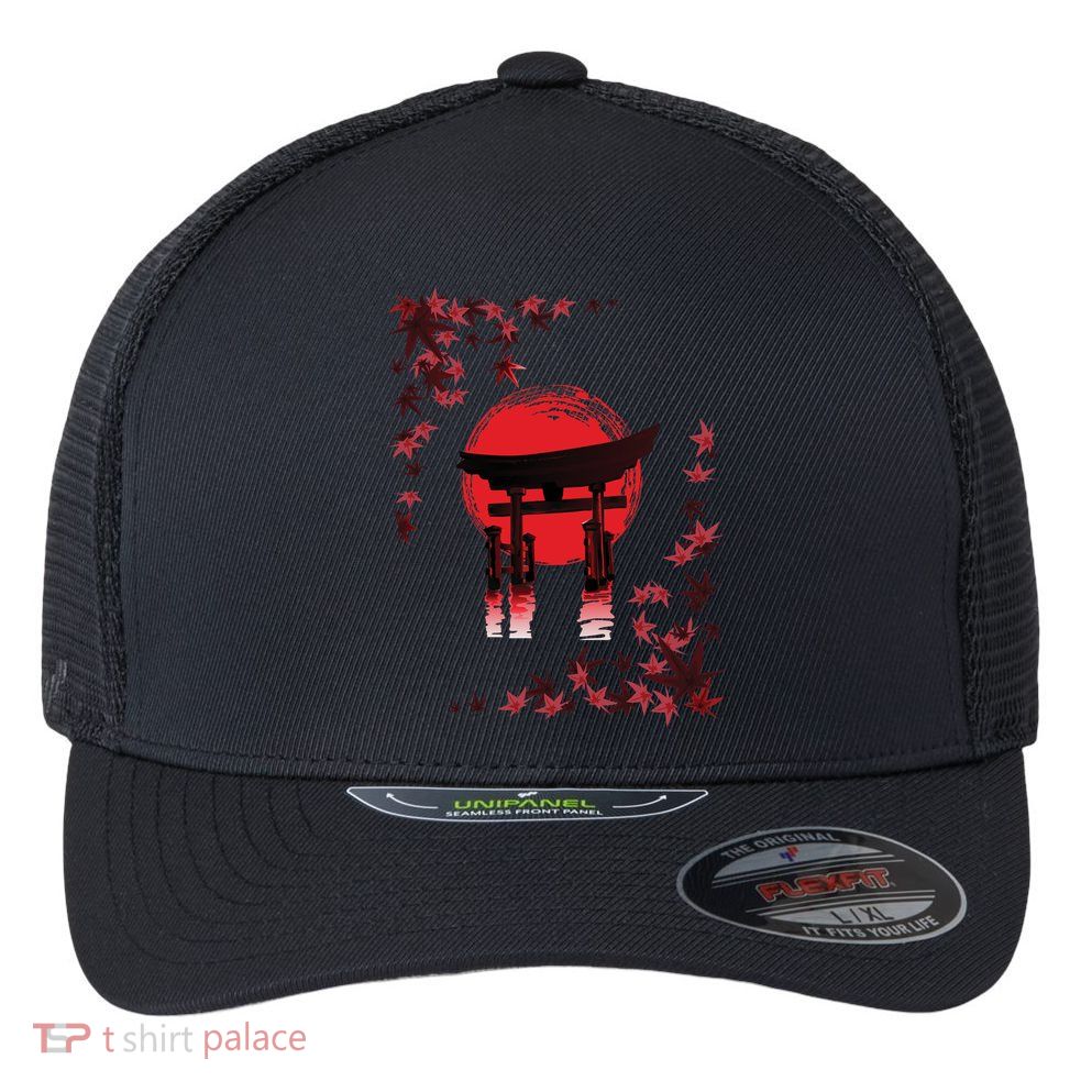 Torii Arch Sunset Maple Leaves Red Sun Flexfit Unipanel Trucker Cap