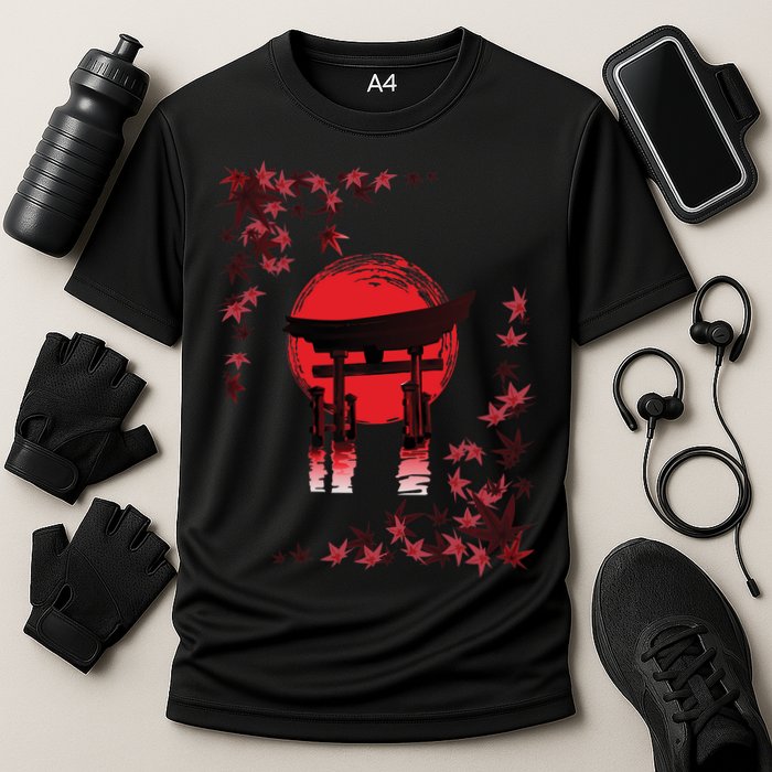 Torii Arch Sunset Maple Leaves Red Sun Cooling Performance Crew T-Shirt