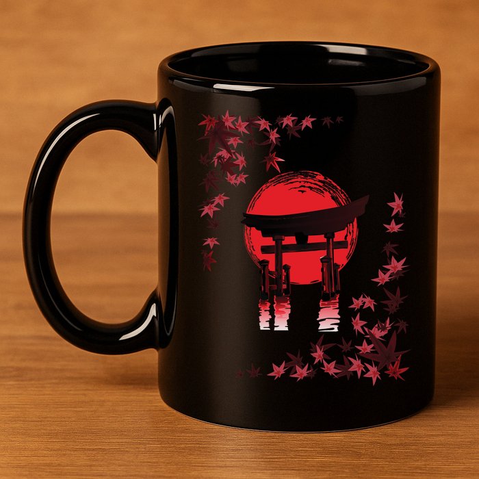 Torii Arch Sunset Maple Leaves Red Sun 11oz C Handle Ceramic Mug