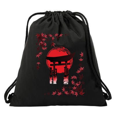 Torii Arch Sunset Maple Leaves Red Sun Drawstring Bag