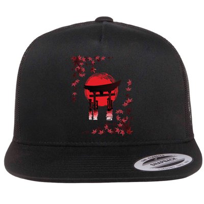 Torii Arch Sunset Maple Leaves Red Sun Flat Bill Trucker Hat