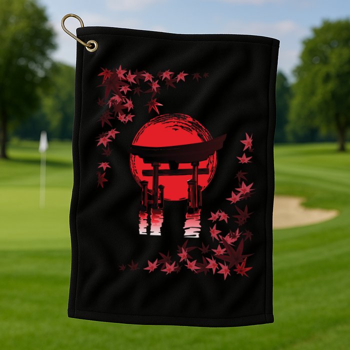Torii Arch Sunset Maple Leaves Red Sun Golf Towel