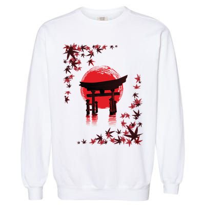 Torii Arch Sunset Maple Leaves Red Sun Garment-Dyed Sweatshirt