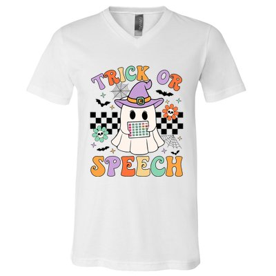 Trick Or Speech Retro Slp Halloween Speech Therapy Halloween Cute Ghost V-Neck T-Shirt