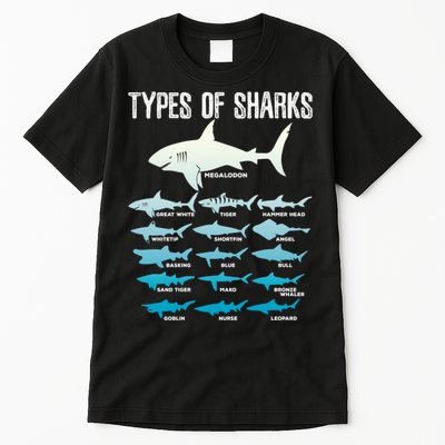 Types Of Sharks Marine Biologist 16 Shark Lovers Gift Tall T-Shirt