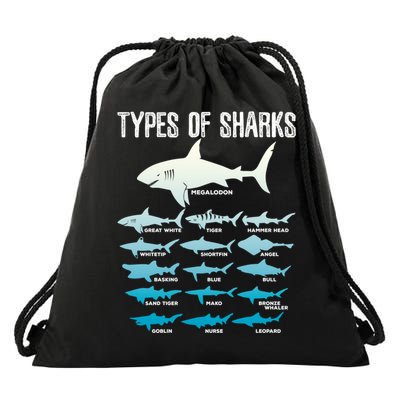 Types Of Sharks Marine Biologist 16 Shark Lovers Gift Drawstring Bag