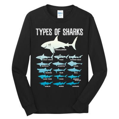 Types Of Sharks Marine Biologist 16 Shark Lovers Gift Tall Long Sleeve T-Shirt