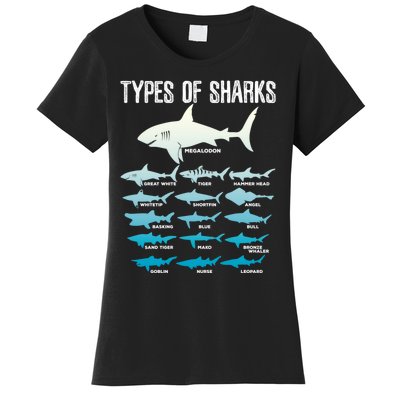 Types Of Sharks Marine Biologist 16 Shark Lovers Gift Women's T-Shirt