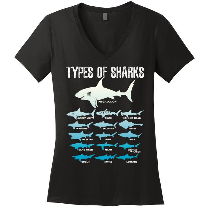 Types Of Sharks Marine Biologist 16 Shark Lovers Gift Women's V-Neck T-Shirt