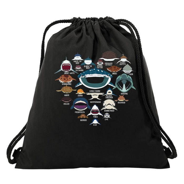 Types Of Shark Identification Shark Faces Tee Marine Biology Drawstring Bag