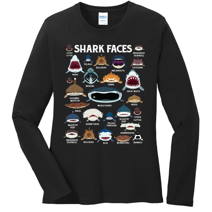 Types Of Sharks Faces Identification Birthday School Ladies Long Sleeve Shirt