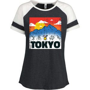 Tokyo Olympics Stick Figures Enza Ladies Jersey Colorblock Tee