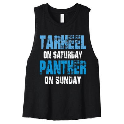 Tarheel On Saturday Panther On Sunday Funny Sports Fans Women's Racerback Cropped Tank