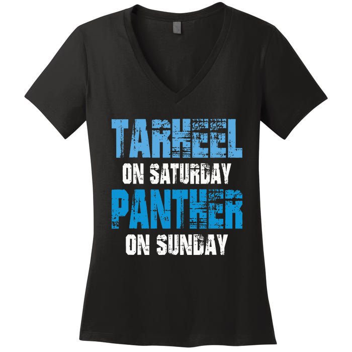 Tarheel On Saturday Panther On Sunday Funny Sports Fans Women's V-Neck T-Shirt