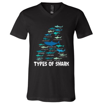 Types Of Shark Megalodon Great White Nurse Shark V-Neck T-Shirt