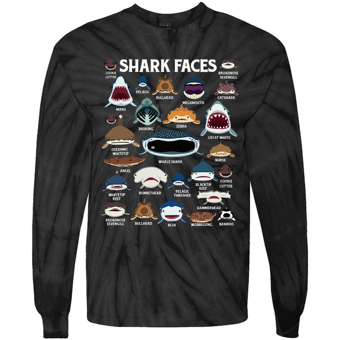 Types Of Sharks Faces Identification Birthday School Tie-Dye Long Sleeve Shirt