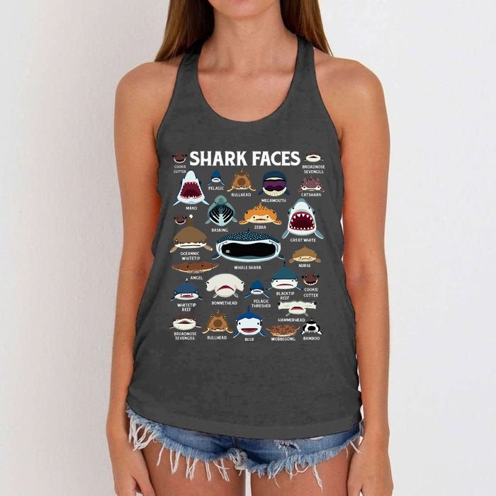 Types Of Sharks Faces Identification Birthday School Women's Knotted Racerback Tank