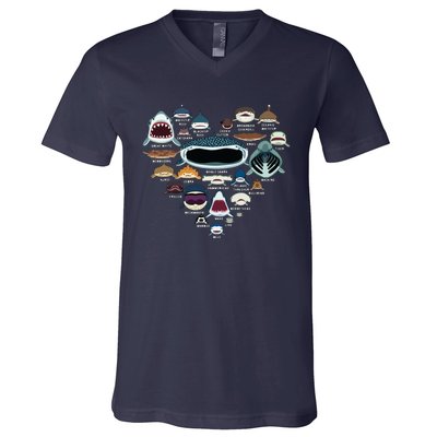 Types Of Shark Identification Shark Faces Shark Heart V-Neck T-Shirt