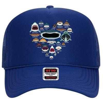 Types Of Shark Identification Shark Faces Shark Heart High Crown Mesh Back Trucker Hat